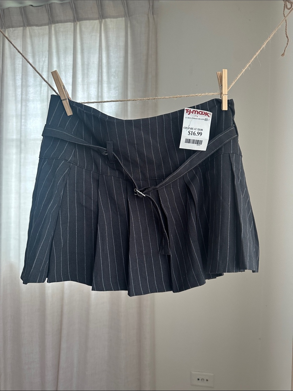T.J.Maxx Black Pinstripe Pleated Mini Skirt with Waist Tie